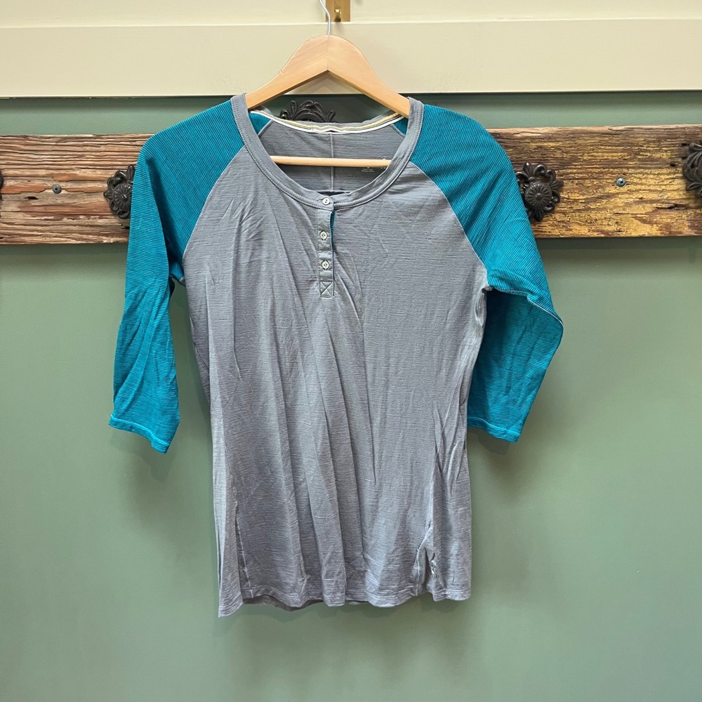 Smartwool Womens Merino Wool Henley Raglan 3/4 Sleeve Top Gray Teal Size M